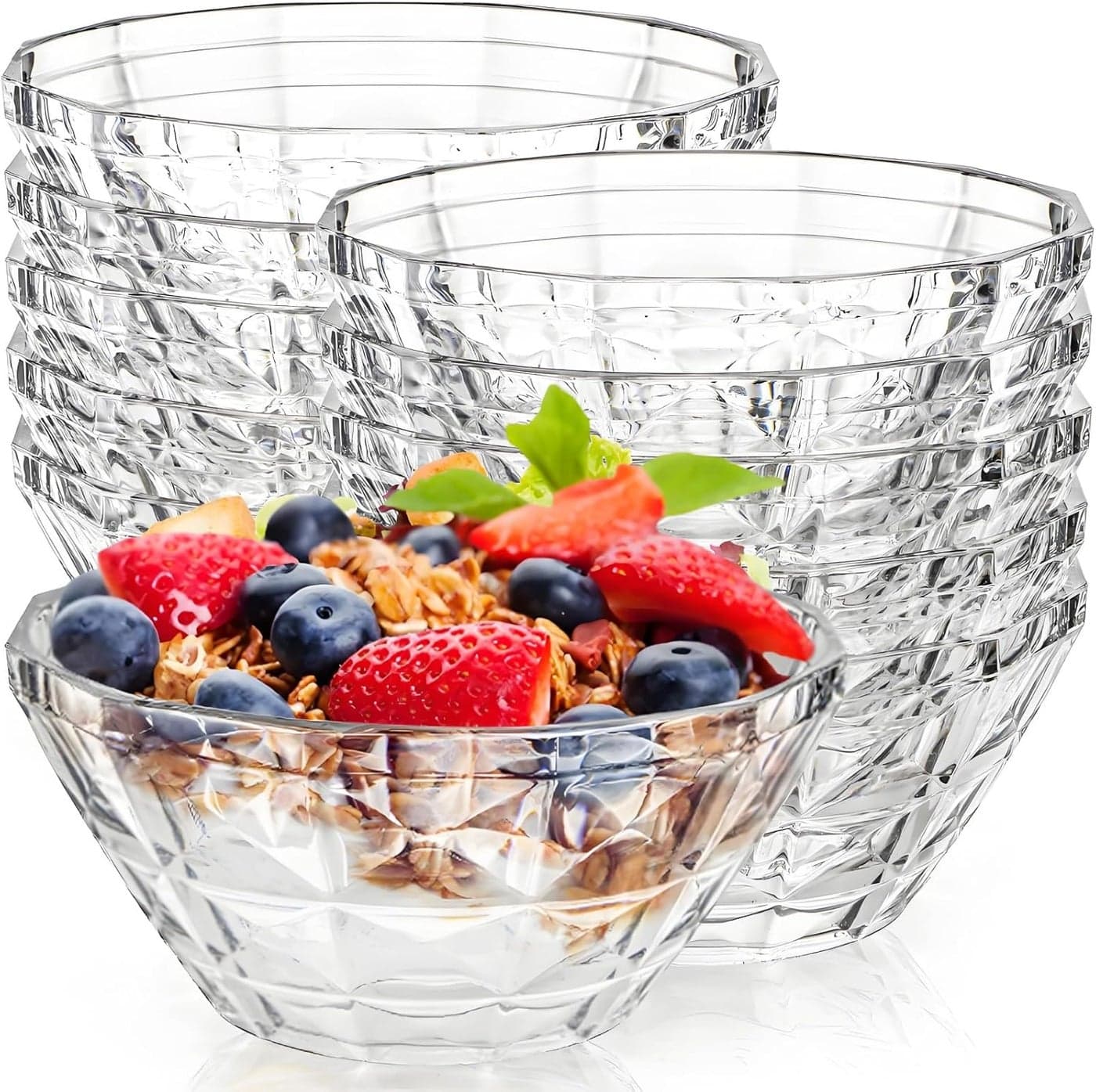 10 Pack Clear Plastic Serving Bowls 13 Oz Thick Argyle Round Salad Bowl Set for Party Small Heavy Duty Candy Bowl for Wedding Salad Fruit Cereal Desserts Snack BPA Free