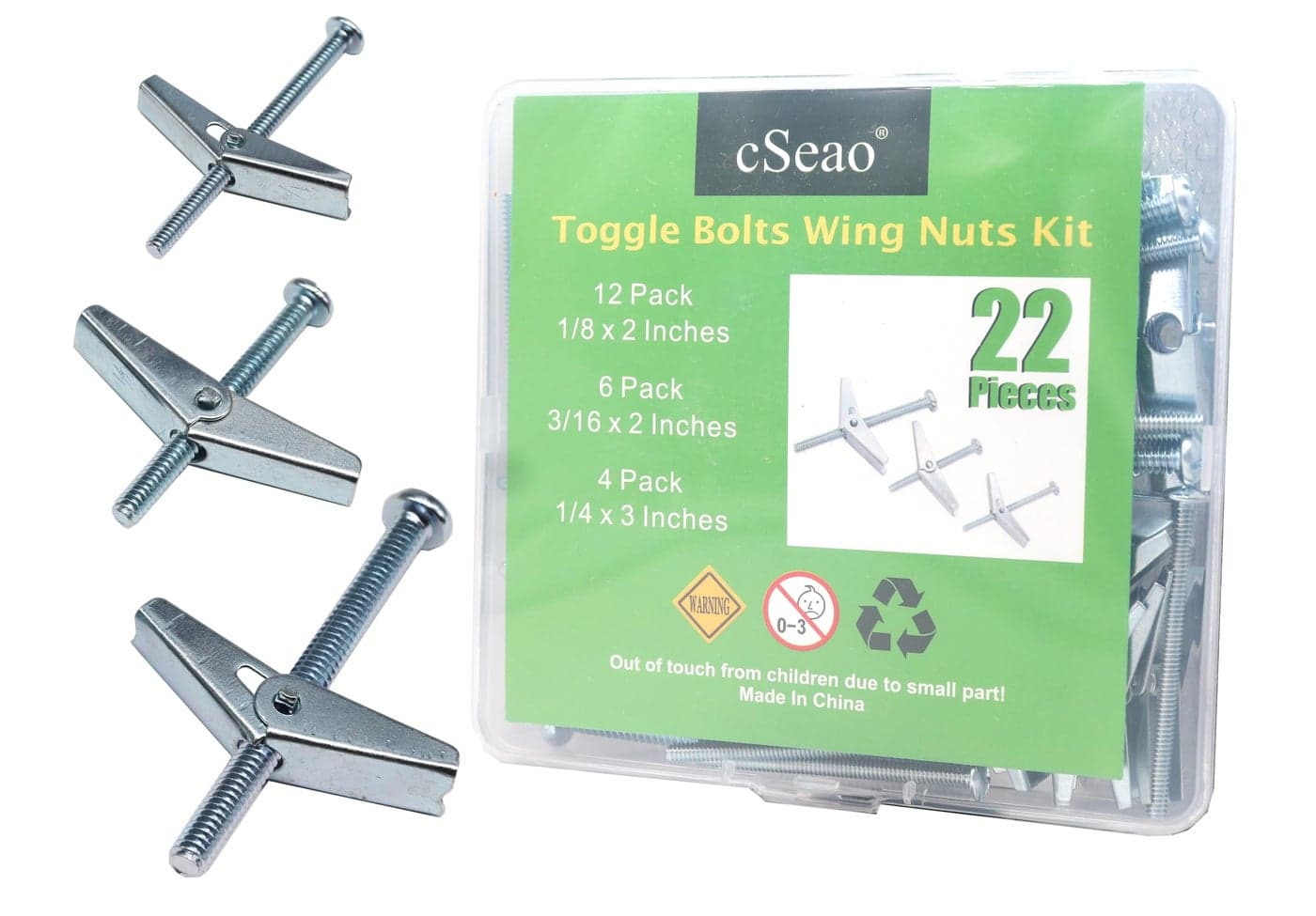 cSeao 22 Pieces Heavy Duty Drywall Ceiling TV Anchors Toggle Bolt Assortment Kit, 1/8" 1/4" 3/16" Spring Loaded Hollow Wall Inserted Bolt Wing Nuts