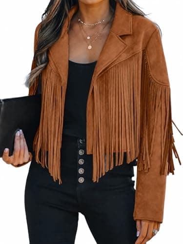 Bibowa Faux Leather Jackets For Women Trendy Cowgirl Outfits Fall Western Fringe Cropped Jacket 2025 Tassel Motorcycle Crop Coats Winter Tan M