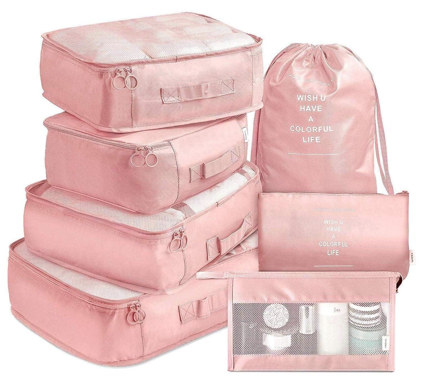 Claiez 7 Pcs Travel Organizer Pouch Packing Cubes for Clothes Space Savers Bags Cosmetics/Underwear/Socks/Shoes Toiletry Bag Laundry Organiser(Pink)
