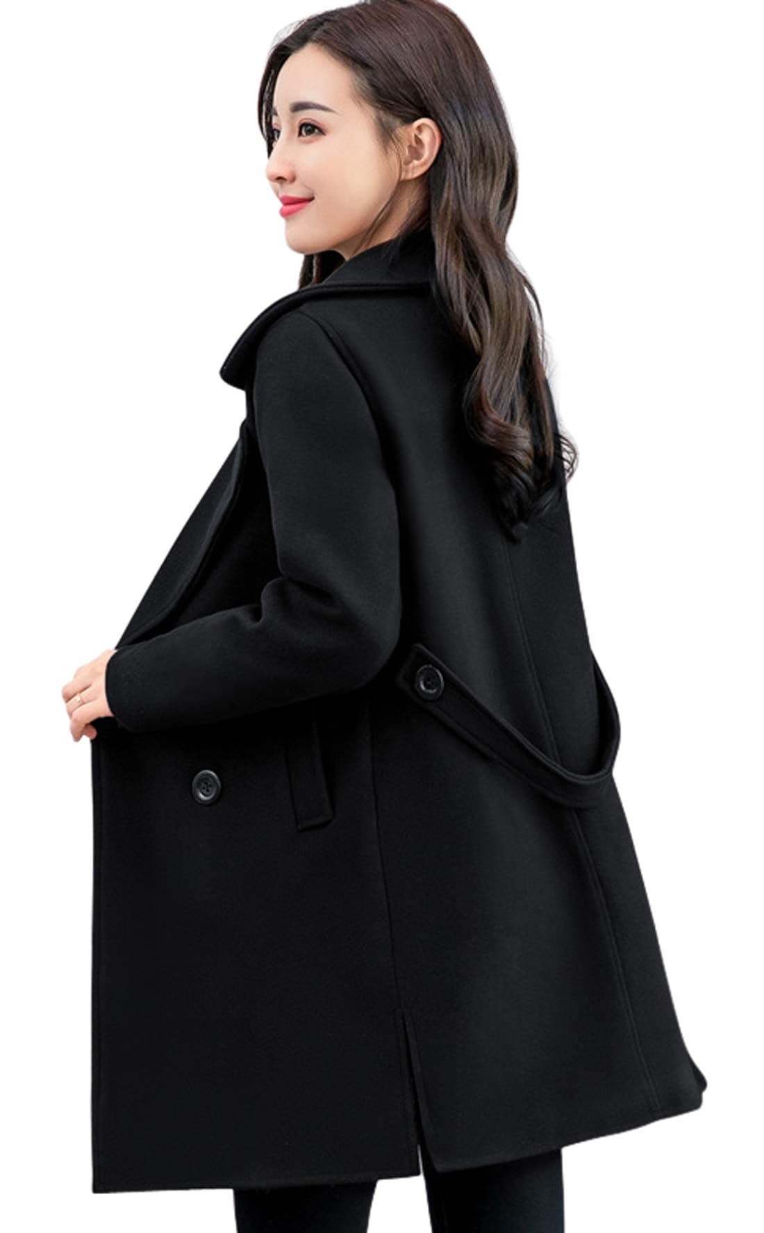 chouyatou Womens Elegant Lapel Collar Double Breasted Wool Blend Pea Coat with Belt Medium Black