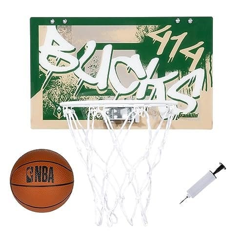 Franklin Sports NBA Milwaukee Bucks Over the Door Basketball Hoop Kids Indoor Hoop with Mini Basketball NBA Fan Shop Toy for Bedroom Office Over the Door Set