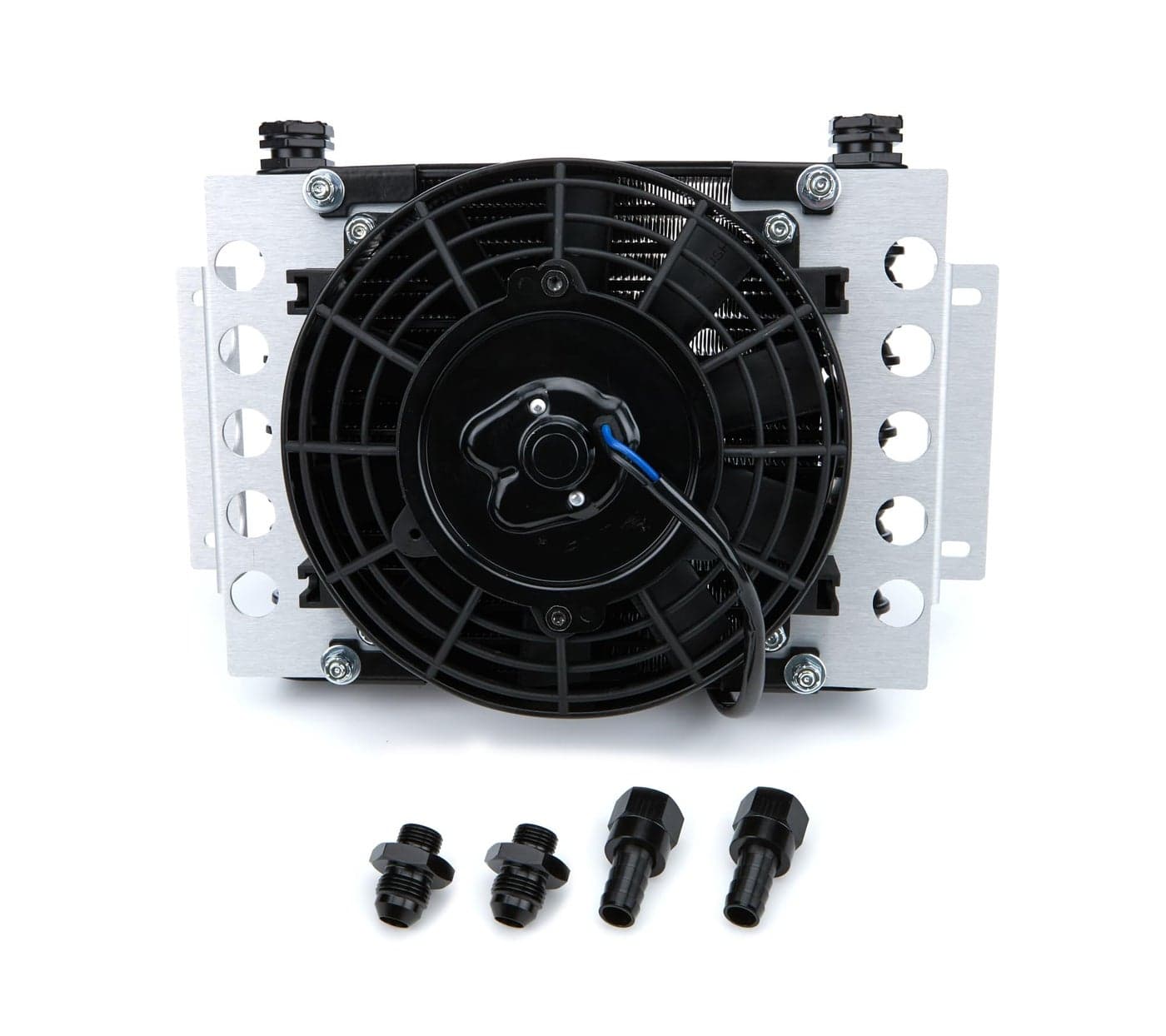 Derale Fluid Cooler and Fan 1275 x 9375 x 4313 in Plate and Fin Type 5818 in Female ORing InletOutlet 8 AN Male Adapters Fittings Aluminum Black Powder Coat Universal Each