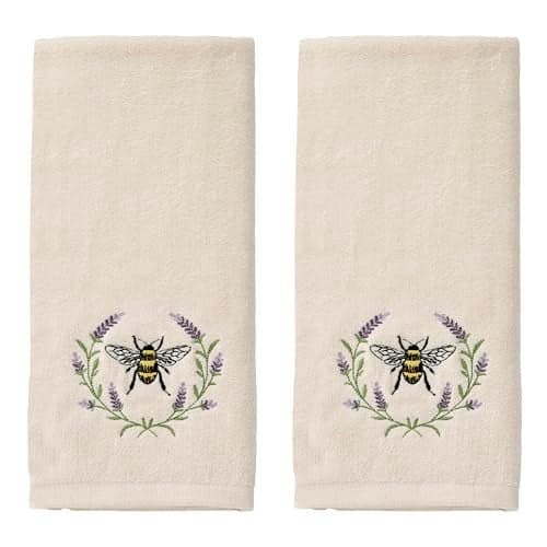 SKL Home Bee Lavender 100% Cotton Embroidered 2pc Hand Towel Set, Decorative for Bath/Kitchen/Bar & Gift, Natural