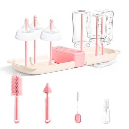 Travel Bottle Washing Kit with Storage Case 7in1 Baby Travel Bottle Cleaner Kit for Travel and Home AllinOne Baby Bottle Brush Set with Drying Rack for Bottles and Breast Pump Parts Pink