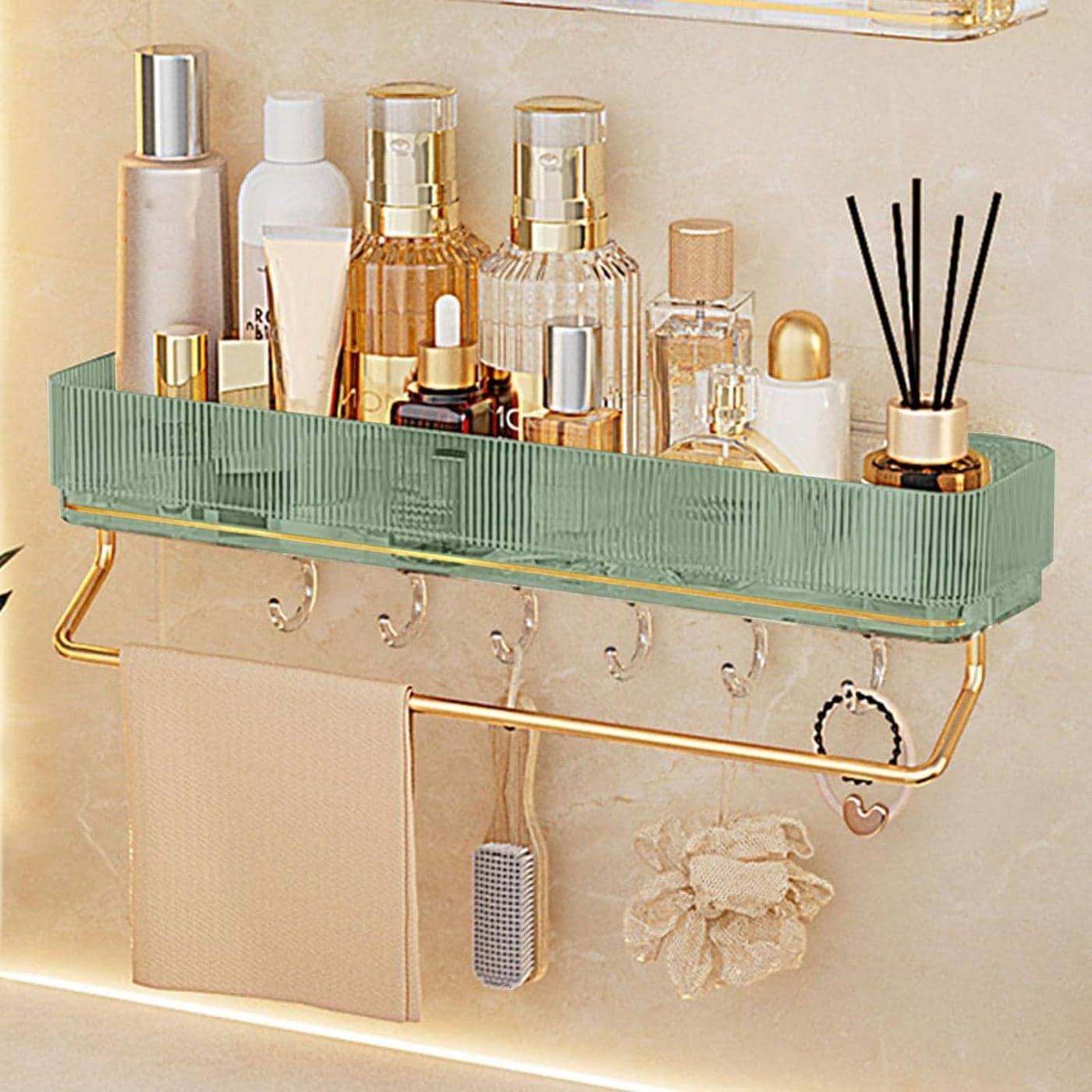 Suicune Bathroom Storage Shelf Stylish Design Extra Space Kitchen Wall Mounted Shelf Green Type with Hook and Towel Bar