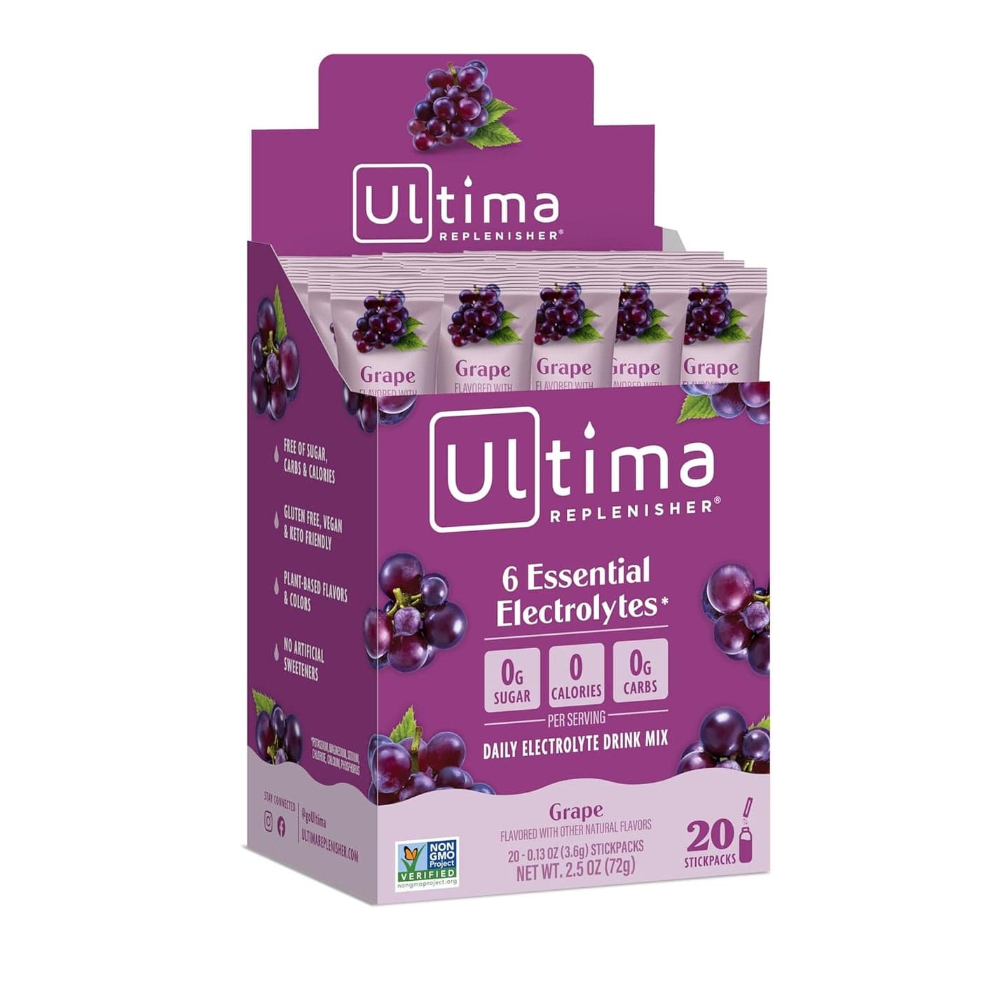 Ultima Replenisher Hydrating Electrolyte Powder Grape 20 Count Box no Sugar no Carbs no Calories Keto GlutenFree NonGMO Vegan