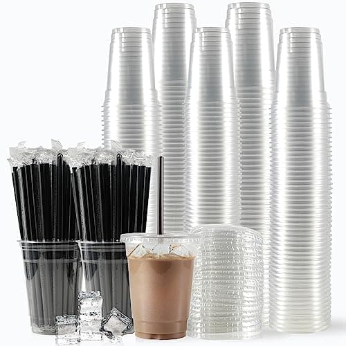 WUHUIXOZ 200 Sets 12oz Plastic Cups with Lids and Straws Disposable Cups for Iced Coffee Smoothie Milkshake Cold Drinks Clear