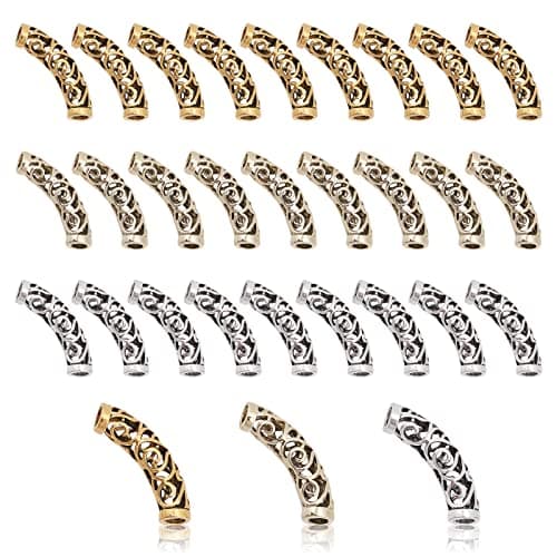 PH PandaHall 3 Colors Curved Tube Beads 30pcs Twist Tube Slide 32mm Metal Loose Spacers Hollow Noodle Beads Tibetan Style Beads for Jewelry Necklace Bracelet Making Hole 4mm