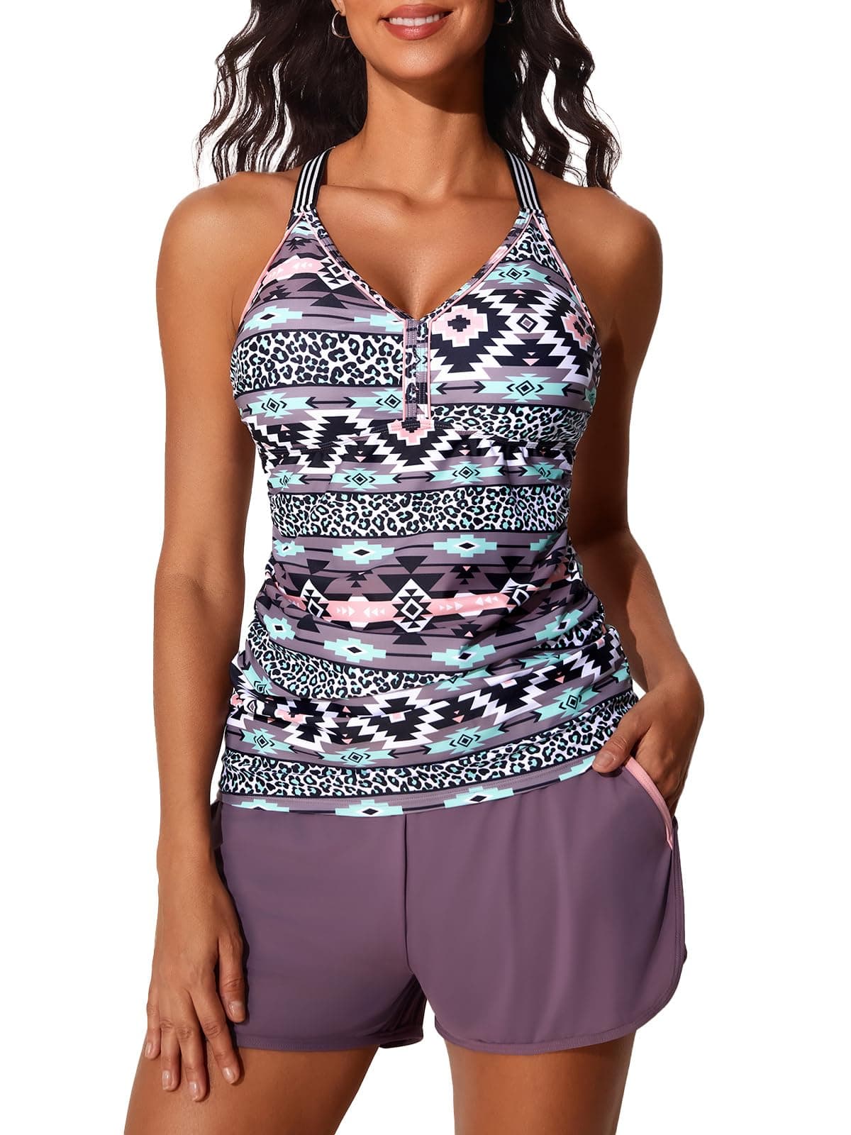 Summer Mae Modest Tankini Swimsuits for Women 2025 Two Piece Bathing Suits with Sporty Pockets Boy Shorts for Tummy Control Bohemia Size 14
