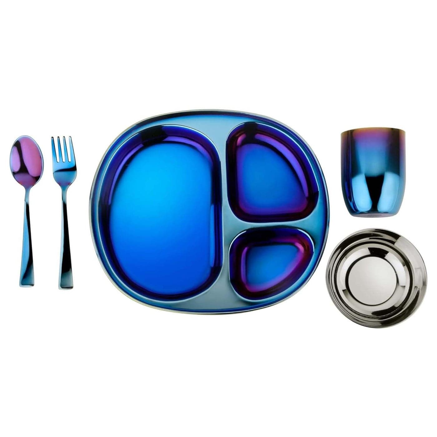 Ahimsa Stainless Steel Kids Dinnerware Set 5 Piece Stainless Steel Toddler Plates and Bowls Set Pediatrician Designed Plastic Free Toddler Plate and Bowl Kids Utensils and Cup Blue