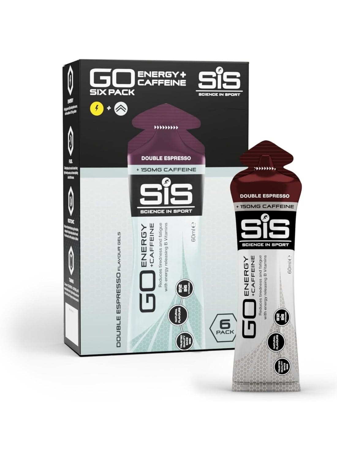 Science in Sport GO Energy + Caffeine Gel, 22 g Carbohydrates & 150 mg Caffeine, Low Sugar, Energy Gel Helps Physical and Mental Concentration for Endurance Athletes, 6 x 60 ml, Double Espresso