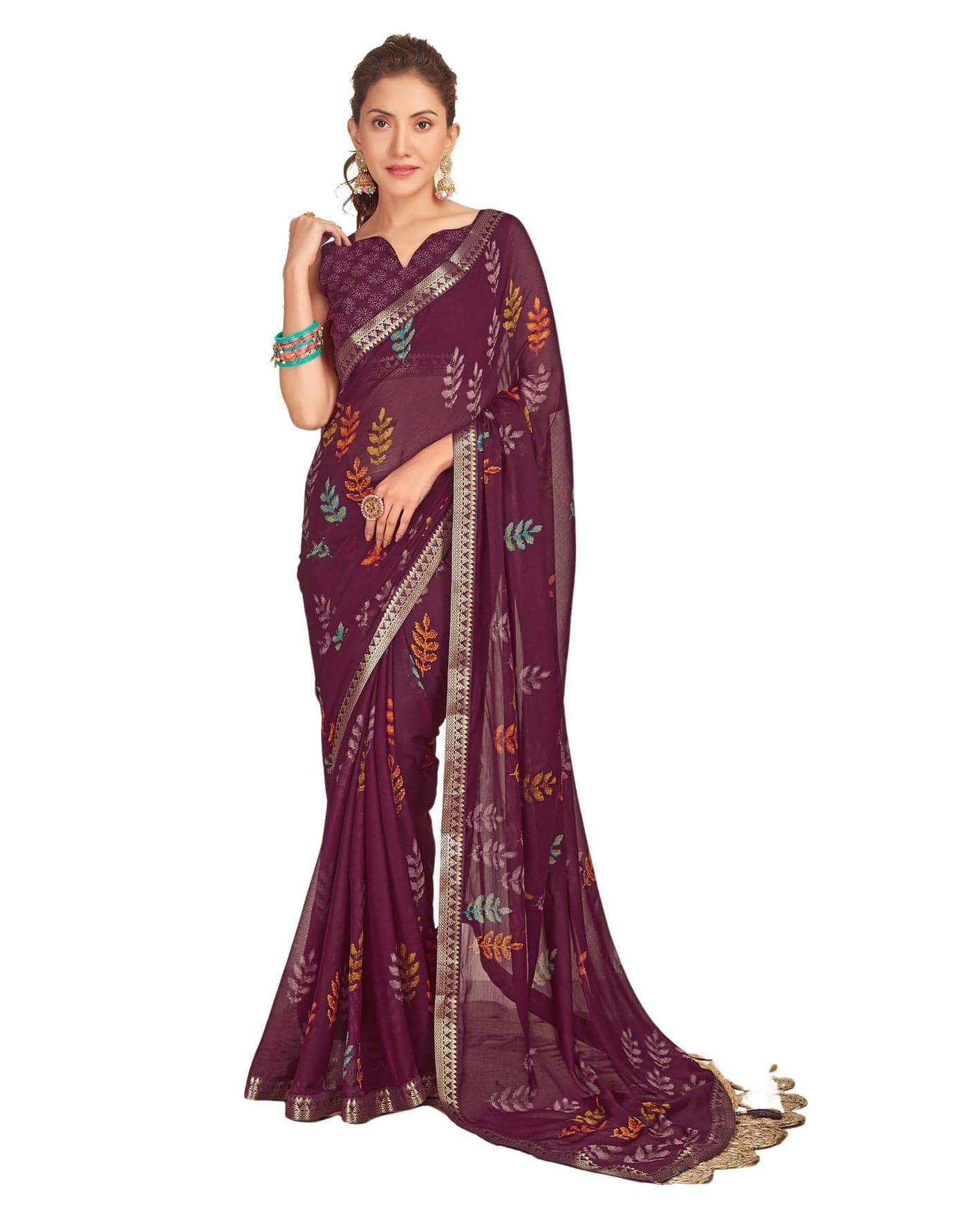 SIRIL Women's Chiffon Printed Saree With Unstitched Blouse Piece (3715S2631_Wine)