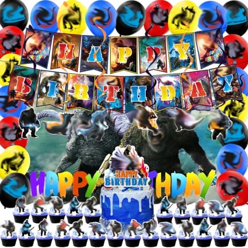 Monsters Theme Birthday Decorations Birthday Party Decorations with Backdrop Banner HAPPY BIRTHDAY Banner Hanging Swirl Streamers Latex Balloons and Cake Toppers