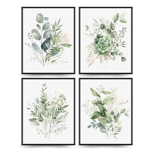PLKMN Sage Green Botanical Wall Art Set of 4, Modern Wildflower Prints, Floral Plant Decor for Bedroom, Bathroom, Farmhouse, 8x10 Inch, Unframed