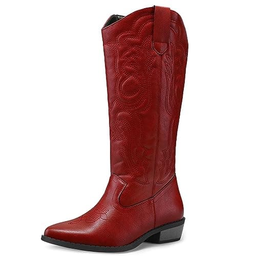 mysoft Women's Cowboy Boots Mid Calf Cowgirl Embroidered Western Pointed Toe Chunky Heel Pull On Knee High Boots