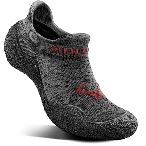 BULLIANT Men Slipper Socks,Grip Socks Hiking Water Shoes Barefoot Shoes for Outdoor Walking Exercises(Gray Heather/Rose Red-14 Women/12 Men)