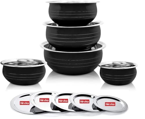 Nirvika Stainless Steel Powder Coating Handi, Cooking Serving Bowl, Cookware Set of 5 Pieces with lid Size: 0.300 L, 0.500 L, 0.750 L, 1.100 L, 1.500 L (Black Stainless Steel, Non-Stick)