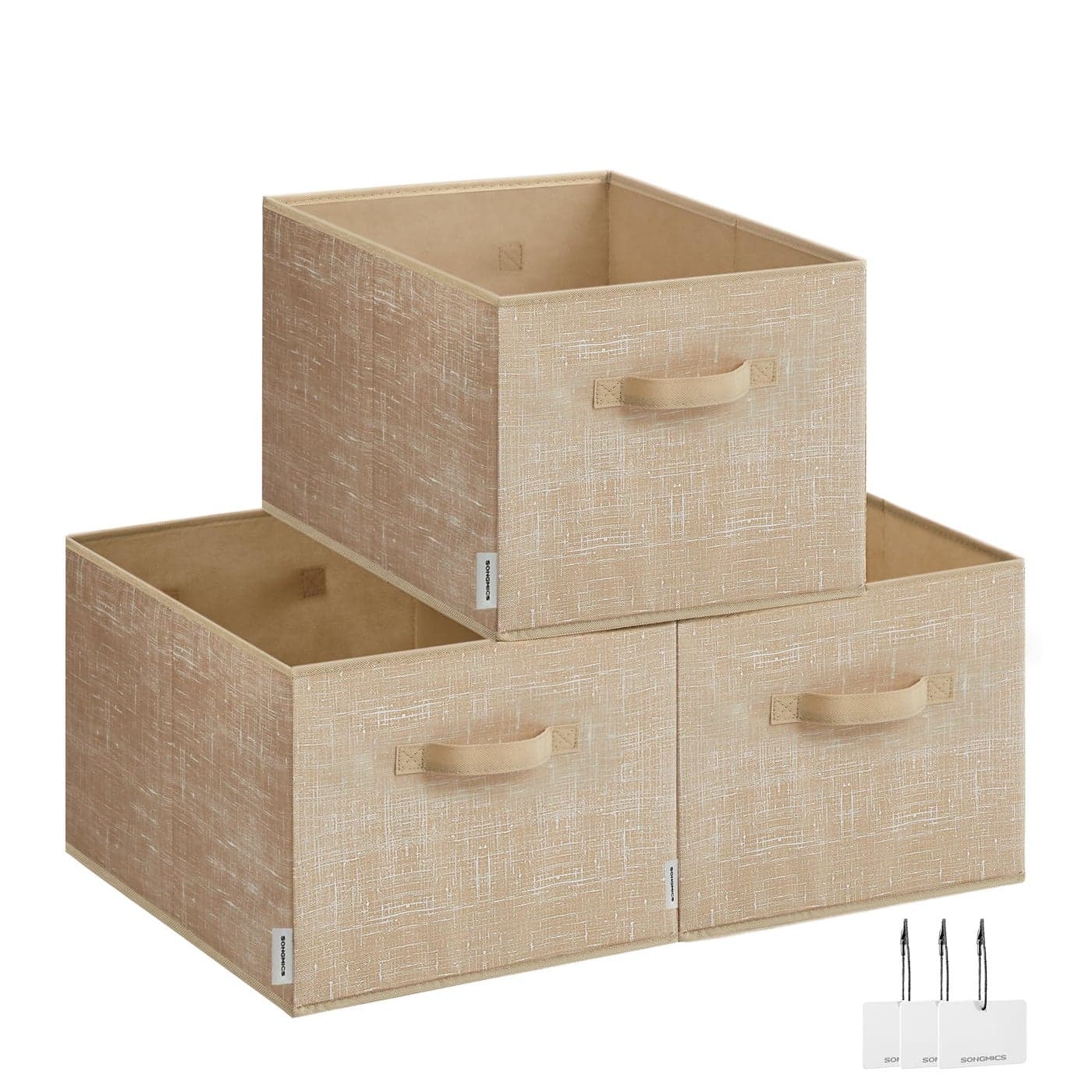 SONGMICS Collapsible Storage Boxes Set of 3 Fabric Storage Baskets 40 x 30 x 24 cm Wardrobe Storage Organisers 2 Handles Label Holders for Bedroom Living Room Sand Beige ROB440K01