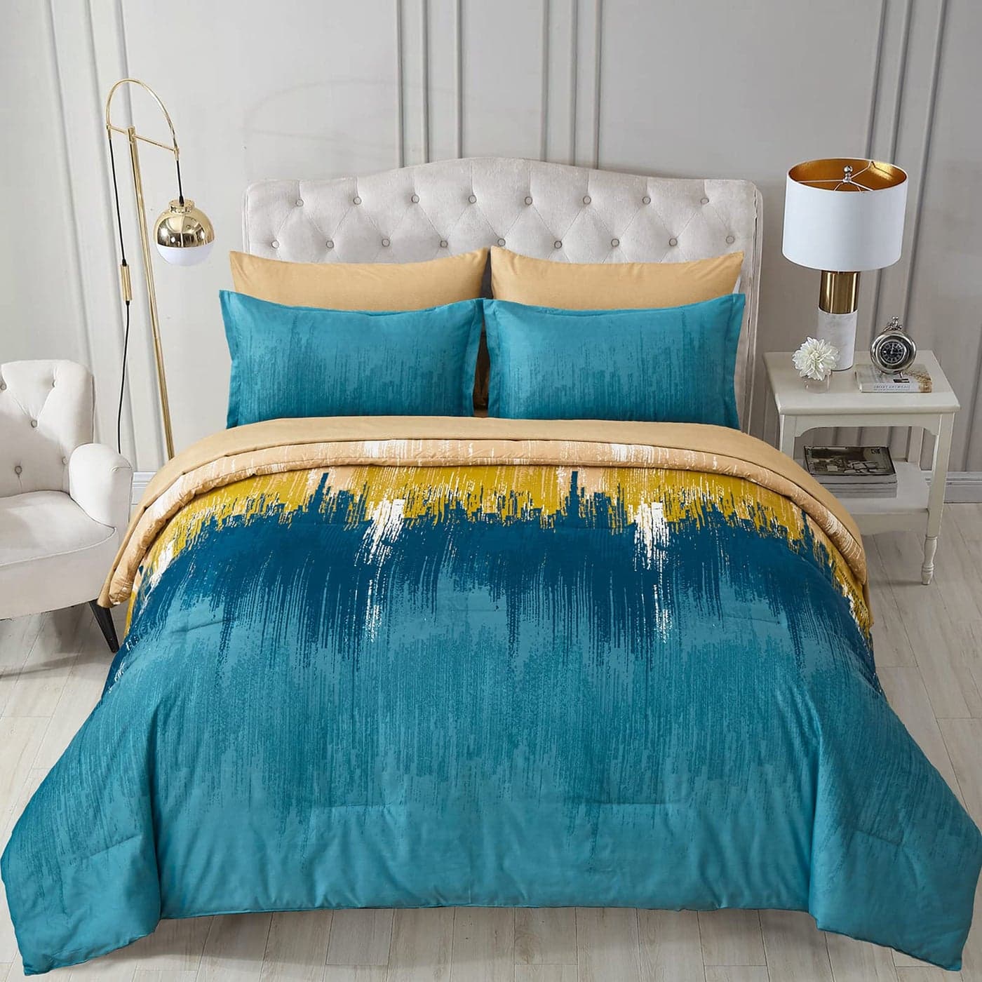 WONGS BEDDING Teal Comforter Set Queen7 Pieces Bed in a Bag Colorful Abstract Art Gradient Comforter Soft Microfiber Bedding Set with Comforter Flat Sheet Fitted Sheet Pillow ShamsPillowcases