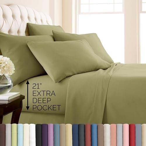 Southshore Fine Living, Inc. 21-Inch Extra Deep Pocket Queen Sheets, 6-Piece, Microfiber Sheet Set Queen Size, Oversized Flat, Deep Pocket Fitted, Sage Green Pillowcases, Sage Green Sheets