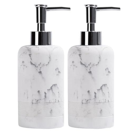 YMXYJM 2pcs/Set Hand Soap Dispenser Sets - 10.8oz Refillable Resin Liquid Soap Dispensers with Rust-Proof Pump for Bathroom Countertop or Kitchen, Marble White