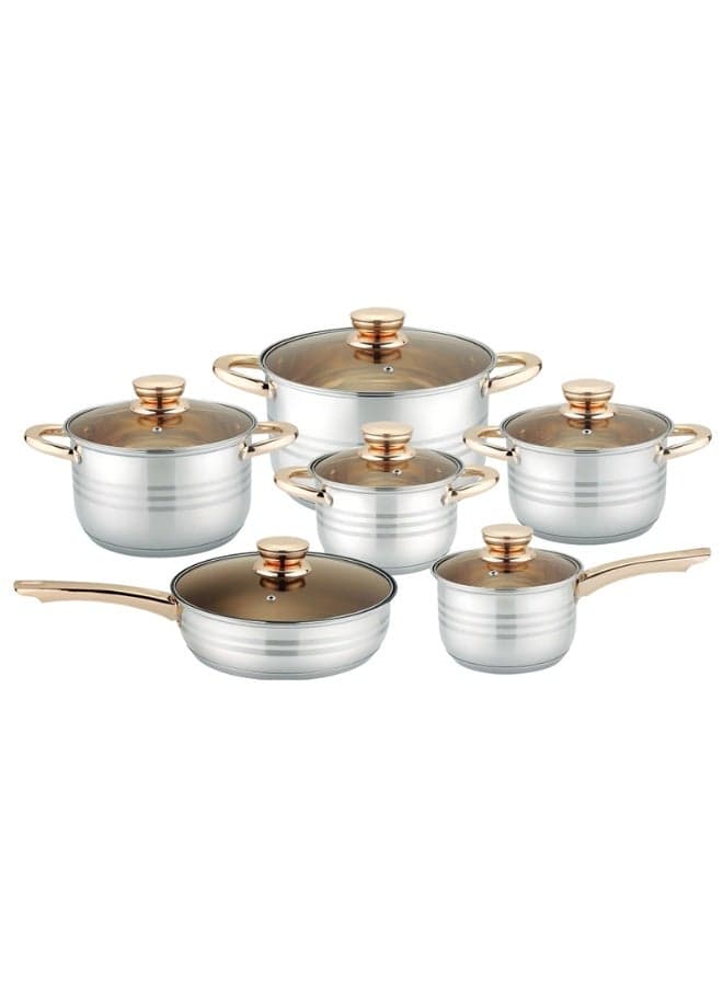 Olympia Stainless Steel 12-Piece Cookware Set - Casserole, Saucepan, Fry Pan | Heavy Duty With Stainless Steel Handle | Gas, Stovetops Compatible For Family Meals