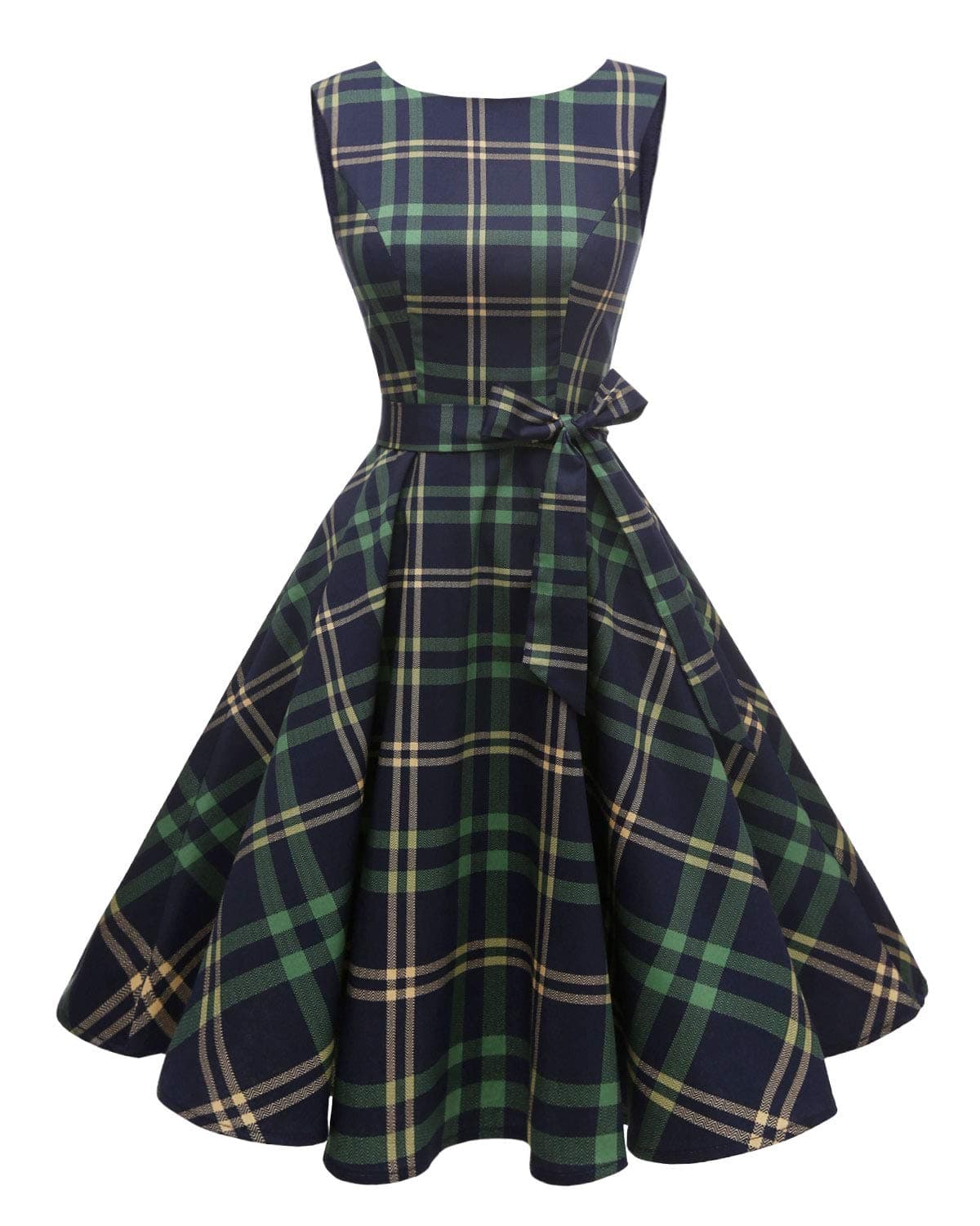 Hanpceirs Women's Boatneck Sleeveless Swing Vintage 1950s Cocktail Dress Green Plaid L