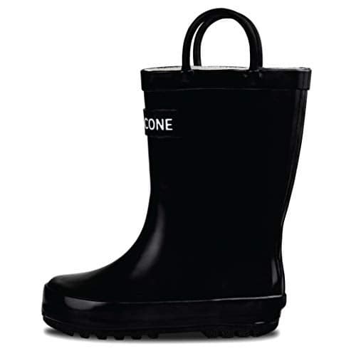 Lone Cone Rain Boots with Easy-On Handles in Fun Patterns for Boys and Girls, Play-Proof Flexible Rubber, Durable Non-Slip Treads, Kid-Friendly for Hours of Joy - Shiny Black, 1 Little Kid