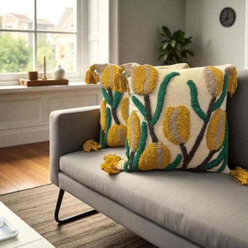 Furnistitchs Handmade Cotton Bohemian Home Decor Cushion Cover 24x24 inches / 60x60 cms - Boho Chic Couch Sofa Throw Living Room Bedroom Cushions (2, Mustard Corns)