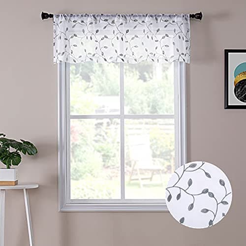 Tollpiz Leaves Sheer Valance Curtains Grey Leaf Embroidery Bedroom Curtain Rod Pocket Voile Curtains for Living Room, 54 x 16 inches Long, Set of 1 Panel