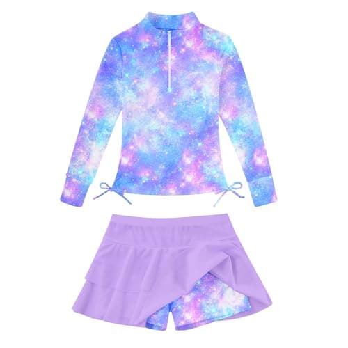 Swimsuit for Girls 11-12 Long Sleeve Bikini Swimwear Beach Suit with Cover Up Skirts Lightweight Galaxy Sun Protection 3D Printed Purple Size 11 12 Swimming Skirt with Shorts for Surfing Pool Beach