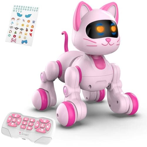 STEMTRON Programmable Remote Control Robot Cat Robot Dog for Kids Interactive Robotic Dog Robotic Cat Robo Cat RC Robot with Touch Sensing LED Eyes Dance Music Sticker