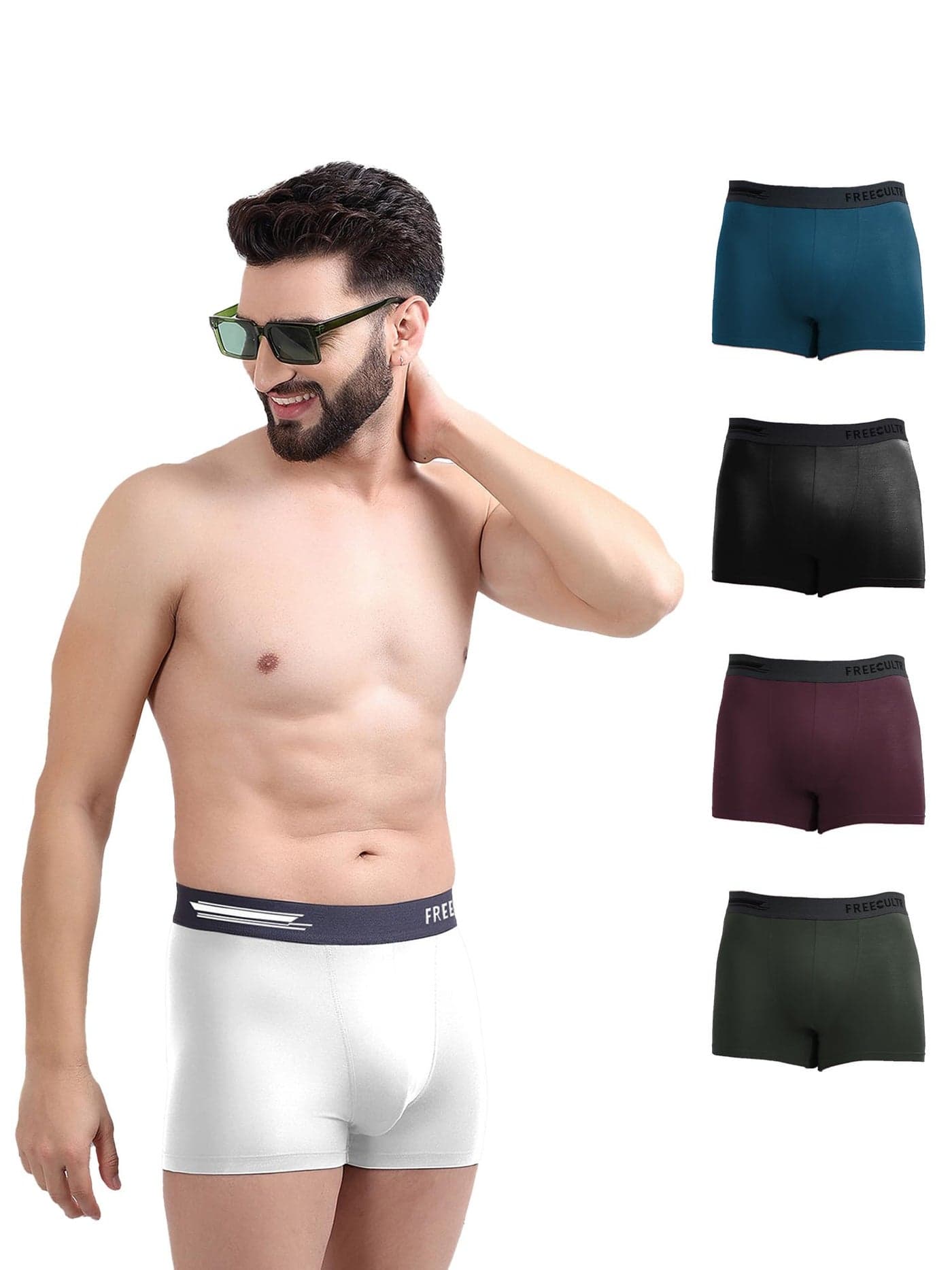 Freecultr Men's Underwear Anti Bacterial Micromodal Airsoft Trunk - Non Itch No Chaffing Sweat Proof - Cloud White,Midnight Blue,Pot Black,Seaweed Green,Sangria Wine Size XL Pack 5