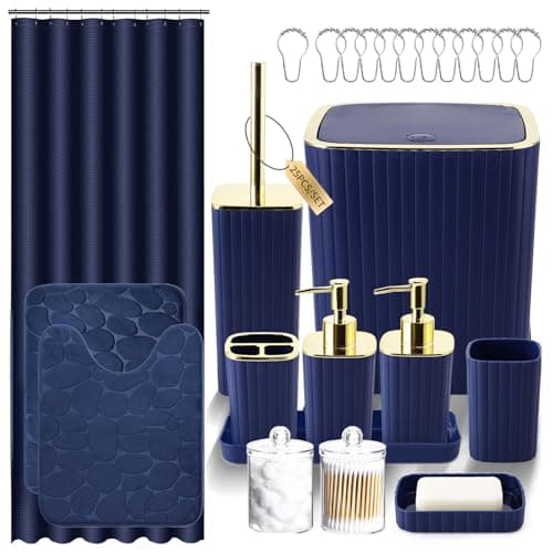 XLHOMO Bathroom Set with Shower Curtain and Rugs- 25PC Blue Bathroom Accessory Set, Navy Blue Shower Curtain Set, Toilet Brush, Trash Can, Qtip Holder & Soap Dispenser