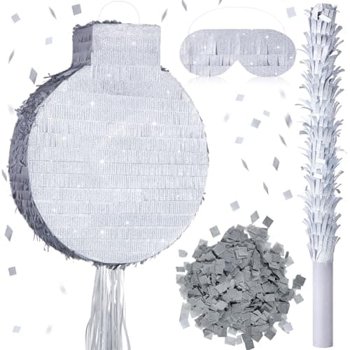 Gemscream Round Glitter Piata 18 Inch Shiny Large Circle Blank Piata with Stick Blindfold and Confetti for DIY Birthday Sleepover Party Game Wedding Carnival Party SuppliesSilver