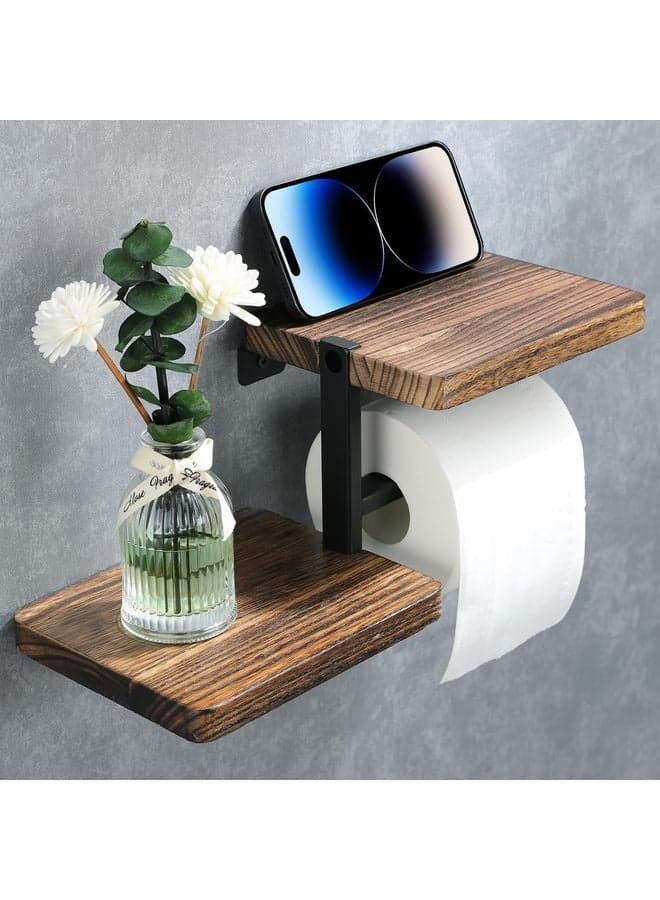 Wall Mounted Wood Toilet Paper Holder - Bathroom Tissue Holder Toilet Roll Holder Wooden Wall Mount Toilet Paper Holder with Shelf
