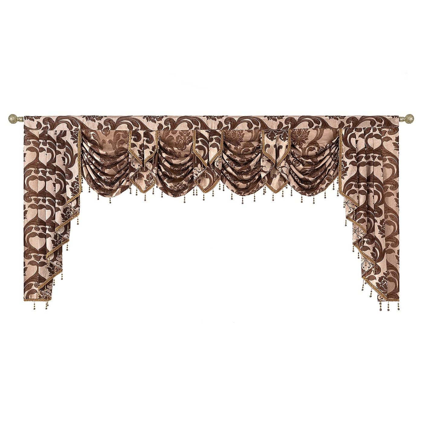 NAPEARL Valance Curtains for Living Room Damask Waterfall Valance for Windows with Beads Wide Brown Swag Valance for Windows 101Inch Wide