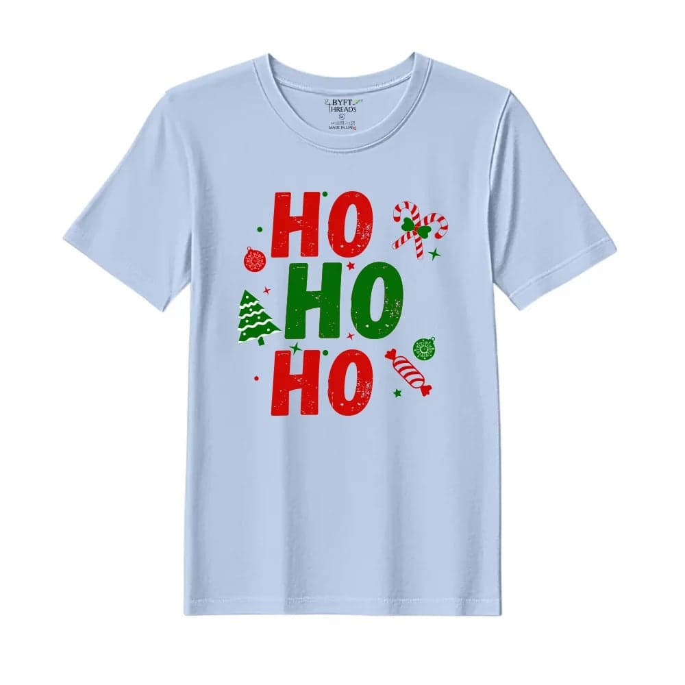BYFT Threads Medium Sky Blue Polycotton T-Shirt - Christmas "Ho Ho Ho toffee" Printed Design, Premium Holiday Collection