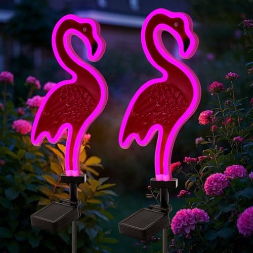 Solar Flamingo Pink Neon Light - 2Pack 42 inch Metal Garden Stake Lights, Flamingo Gifts for Women Path Lighting for Yard Lawn Patio Walkway Decor