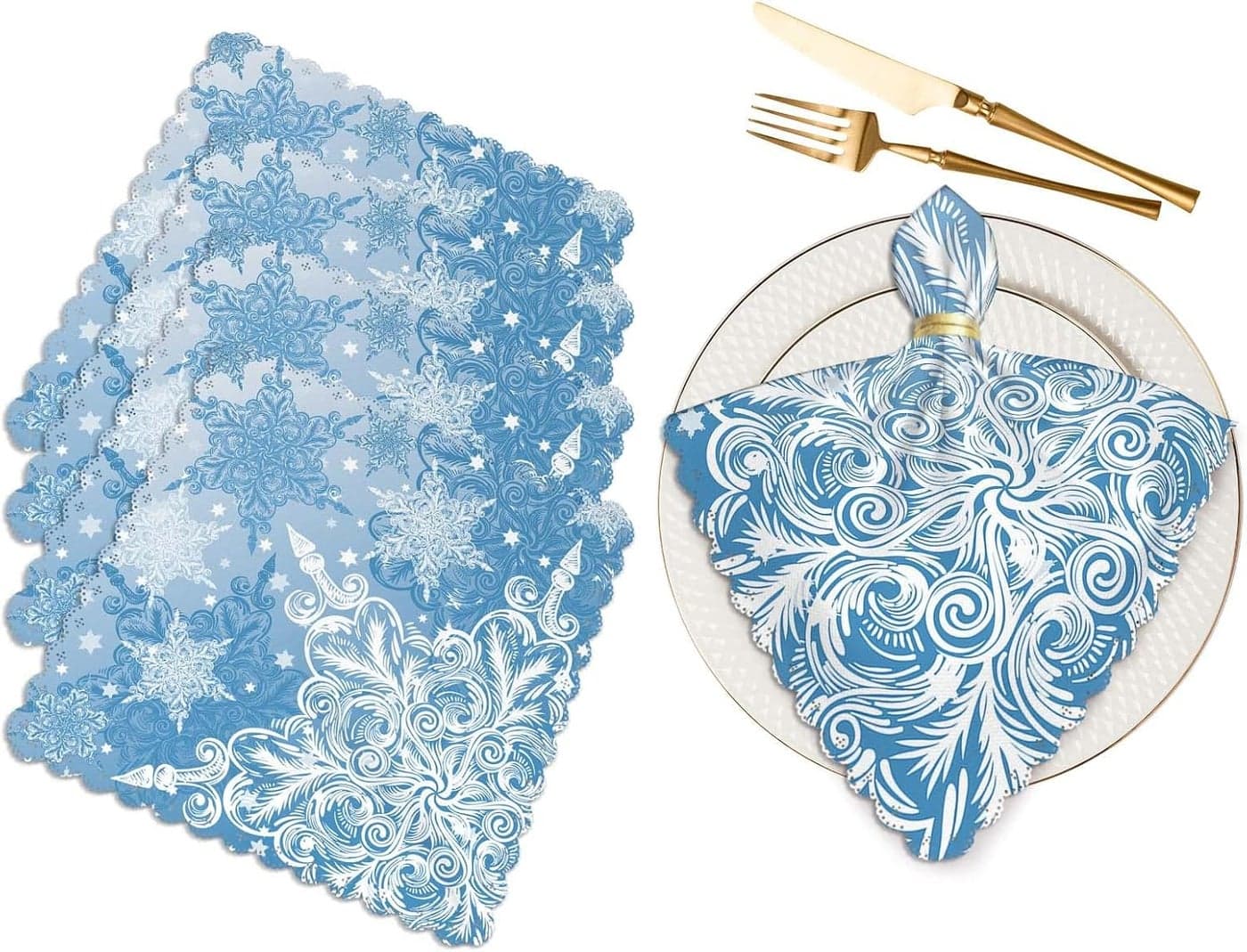 Yibeas Snowflake Christmas Cloth Napkins Set of 4 Soft Blue and White Snowflakes in Various Styles Polyester Dinner Square Napkin for Family Restaurant Weddings Parties 18 x 18 inch