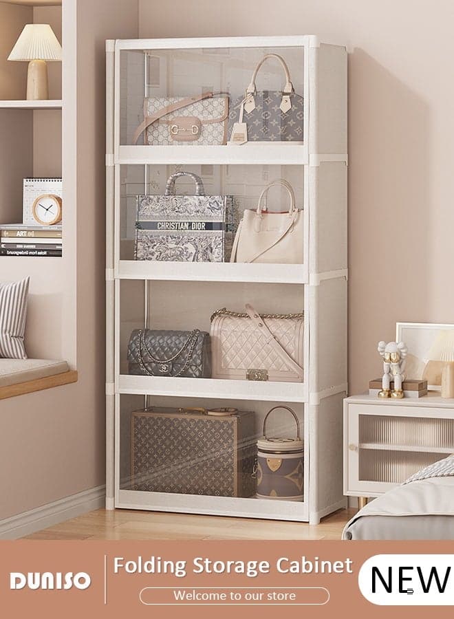 5 Tier Folding Storage Cabinet with Doors with Dustproof Cover Lidded Storage Bins Multi-functional Foldable Storage Boxes Stackable Storage Containers Large Capacity Bookshelf Bookcase for Kitchen, Study, Living Room, Bedroom