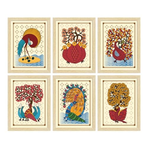 ArtX Paper Indian Gond Art Paintings with Frame for Home Decor, Wall Painting for Living Room, Multicolor, 10.0x13.0 inch each, Set of 6