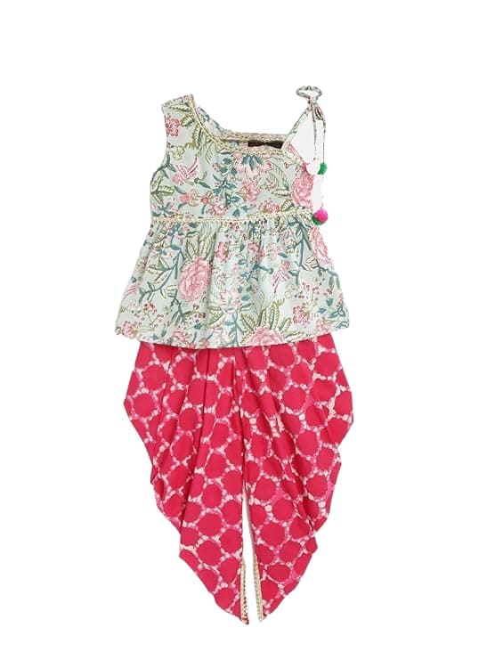 Pspeaches Girl's Cotton Green Pink Floral Print Kurta Set With Dhoti Pants (Green-7-8Y), 7-8 Years