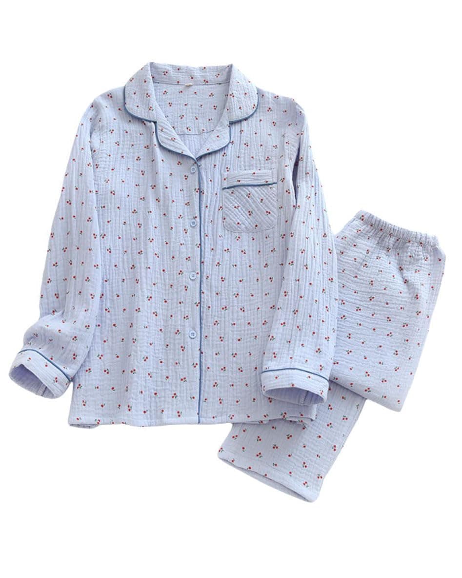 codcm Womens Cotton Gauze Pajama Set Long Sleeve Button Up Shirt and Pants 2 Piece Cute Printed Pj Set