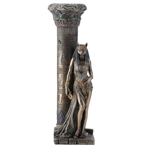 Veronese Design 10 3/4 Inch Egyptian Goddess Bastet Leaning On Pillar Cold Cast Resin Antique Bronze Finish Statue Tealight Candle Holder