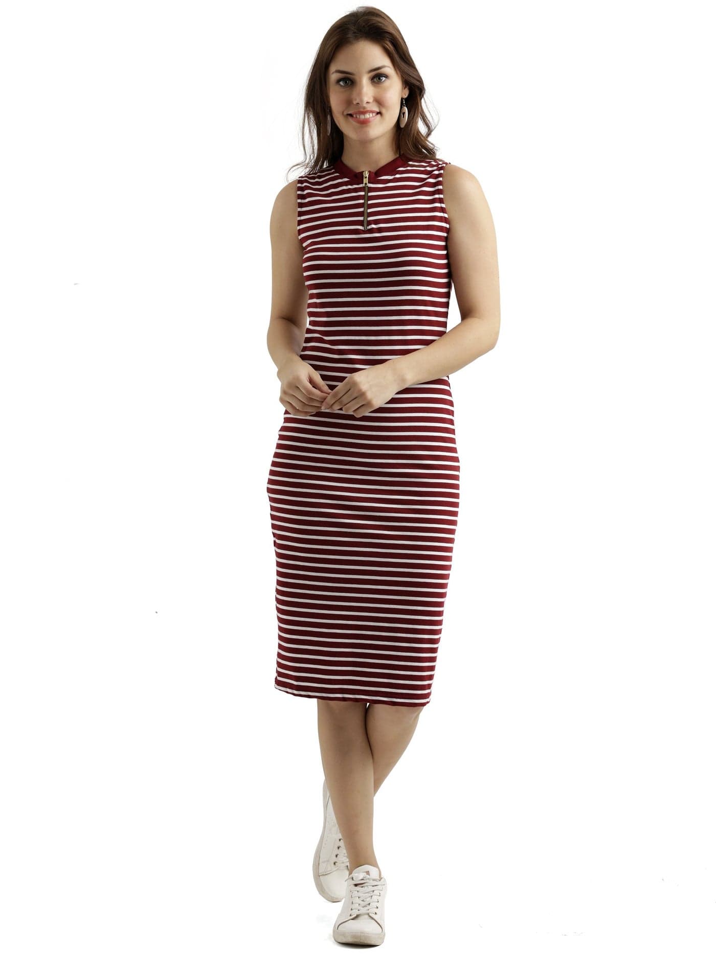 Miss Chase Women's Comfortable Sleeveless Striped Midi Bodycon Dress with Zipper | 3 Colors(MCSS17D07-87-139-06,Maroon and White,X-Large)