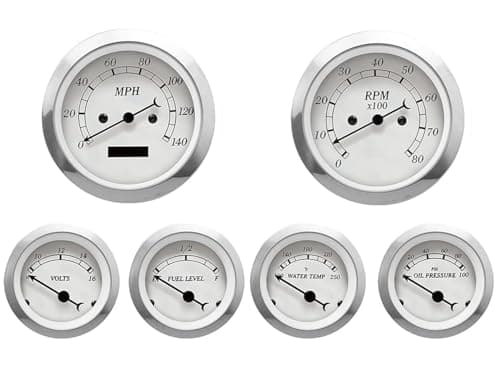 MOTOR METER RACING Classic 6 Gauge Set with ECU Based Electrical Speedometer Digital Odometer White Dial White Needle Light Bulb Illumination 85mm 3-3/8" & 52mm 2-1/16"