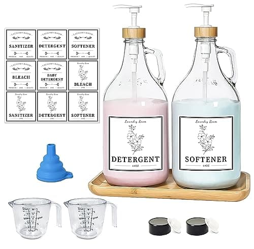 Glass Laundry Detergent Dispenser Liquid Laundry Soap Dispenser for Laundry Room 64oz Detergent Bleach Softener Dispenser for Farmhouse Decor Includes Bamboo Pumps and Tray Funnel Labels