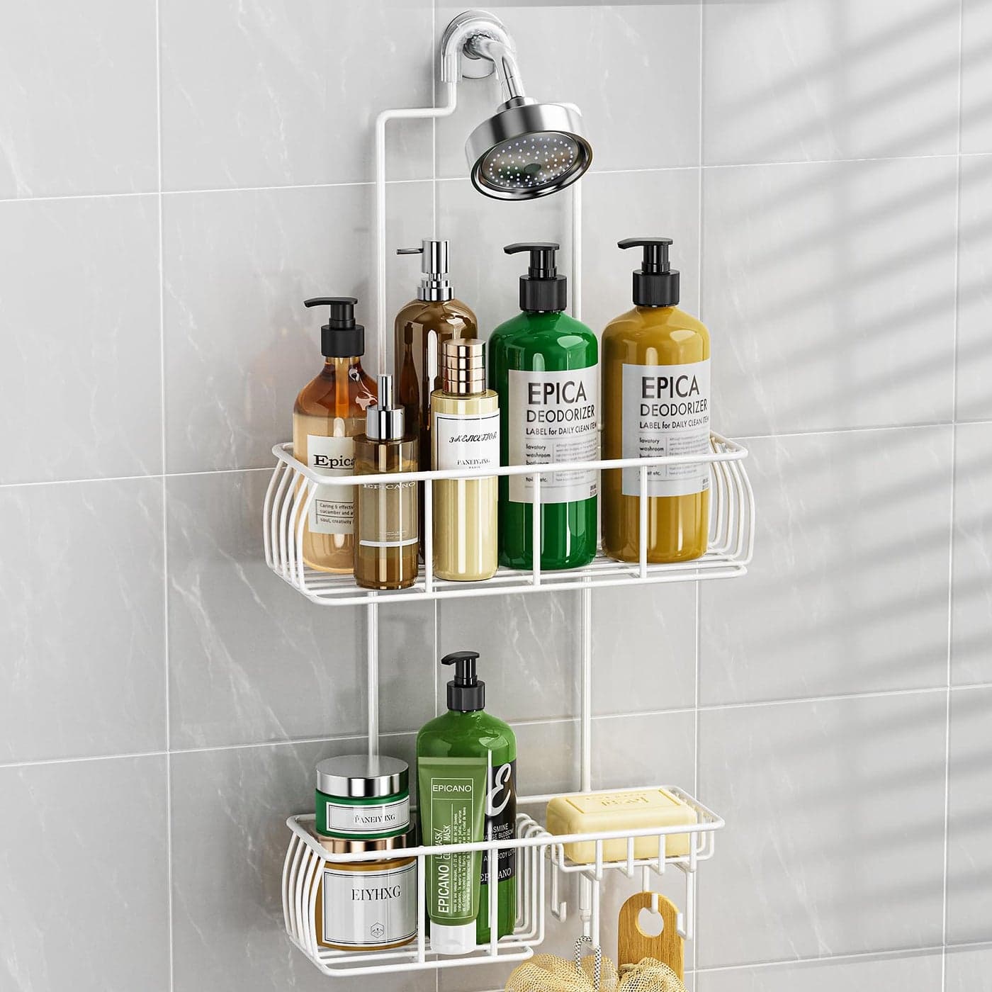 Epicano Shower Caddy Hanging AntiSwing Over Head Shower Caddy Rustproof with hooks for Towels Sponge and moreWhite